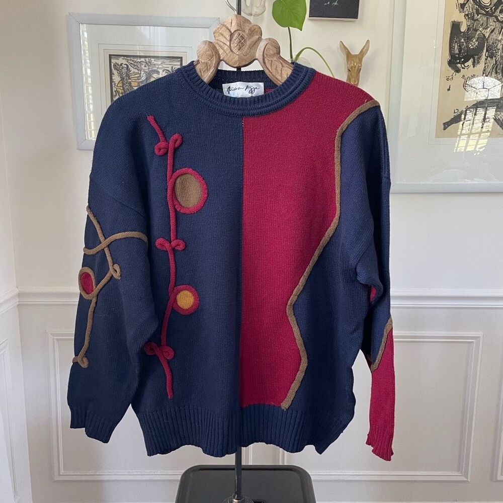 Vintage 90s Andrew Fezza 3D Knit Sweater MET MMA Exhibit Designer Red Blue L